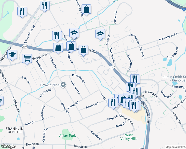 map of restaurants, bars, coffee shops, grocery stores, and more near 186 Kent Drive in Exton
