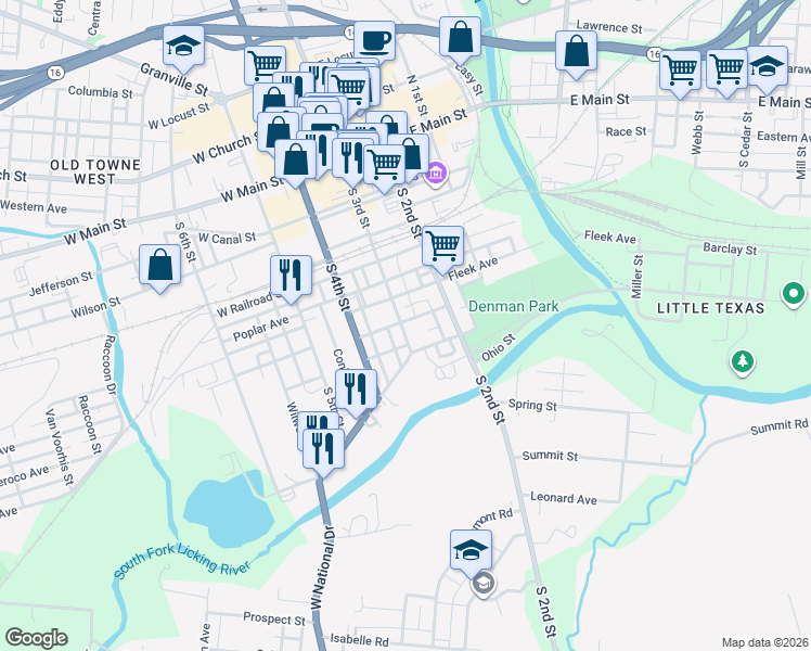 map of restaurants, bars, coffee shops, grocery stores, and more near 16 East Holliday Street in Newark