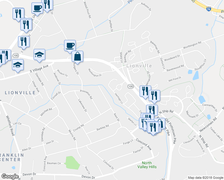 map of restaurants, bars, coffee shops, grocery stores, and more near 144 Heritage Lane in Exton