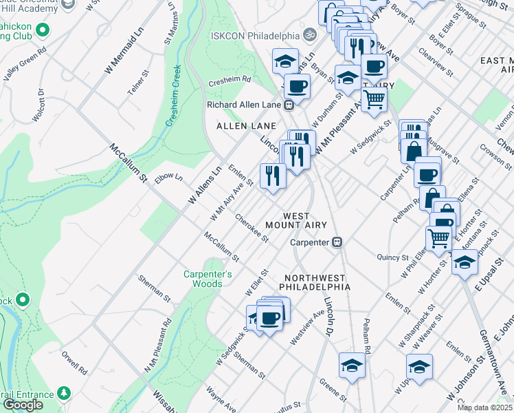 map of restaurants, bars, coffee shops, grocery stores, and more near 422 West Durham Street in Philadelphia