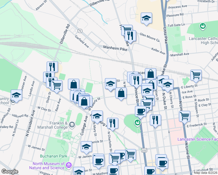 map of restaurants, bars, coffee shops, grocery stores, and more near 1090 North Charlotte Street in Lancaster