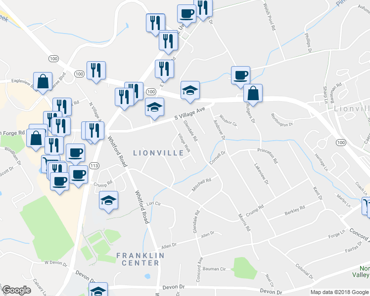 map of restaurants, bars, coffee shops, grocery stores, and more near 109 Village Walk in Exton