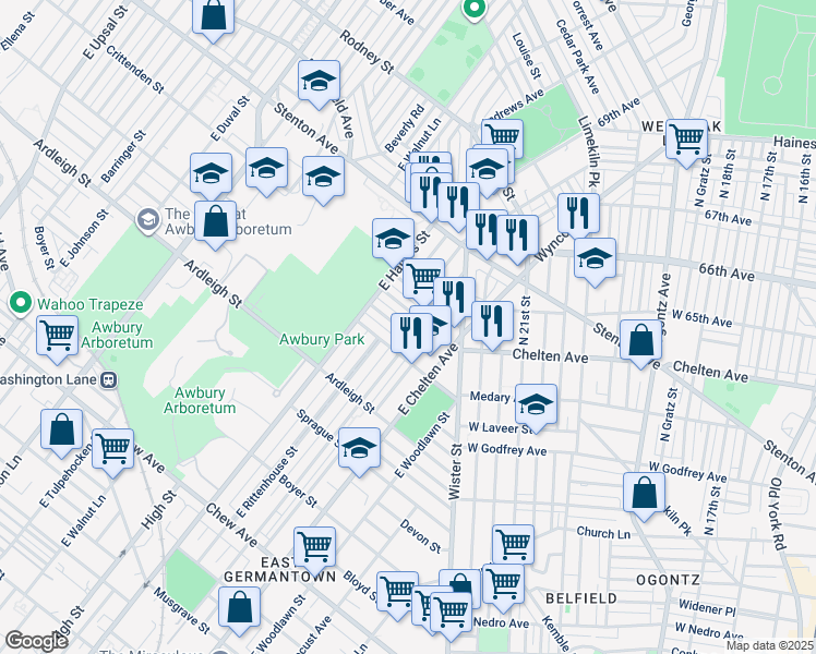 map of restaurants, bars, coffee shops, grocery stores, and more near 5809 Stockton Road in Philadelphia