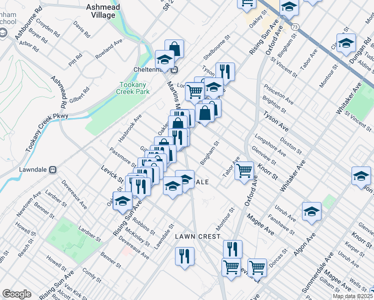 map of restaurants, bars, coffee shops, grocery stores, and more near 6615 Martins Mill Road in Philadelphia