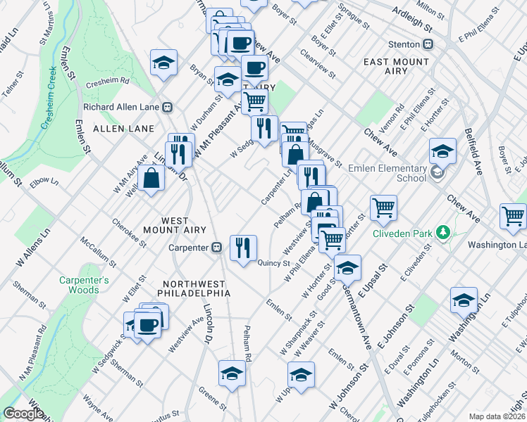 map of restaurants, bars, coffee shops, grocery stores, and more near 100 Carpenter Lane in Philadelphia