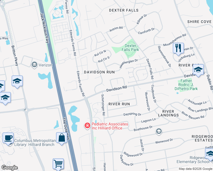 map of restaurants, bars, coffee shops, grocery stores, and more near 4870 Roger Allen Court in Hilliard