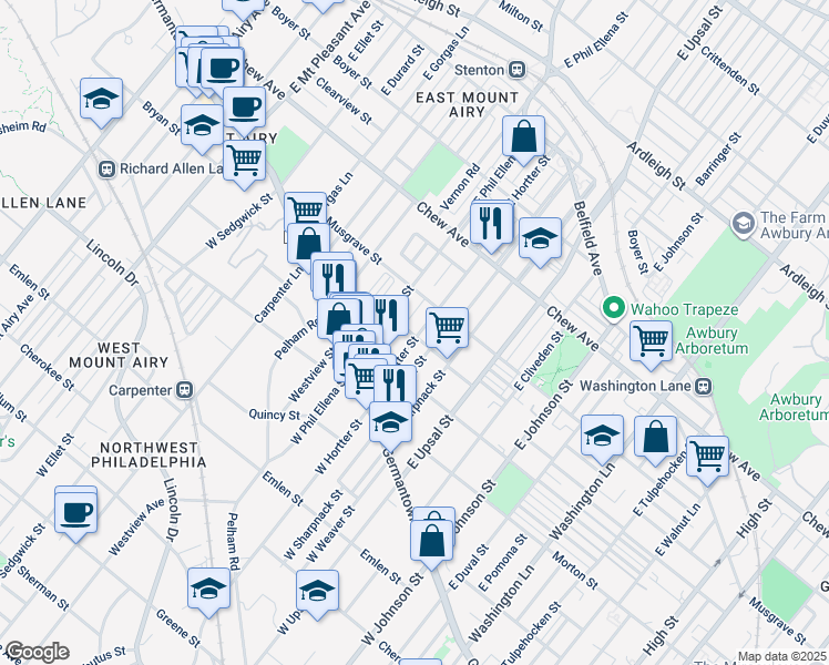 map of restaurants, bars, coffee shops, grocery stores, and more near 101 East Hortter Street in Philadelphia