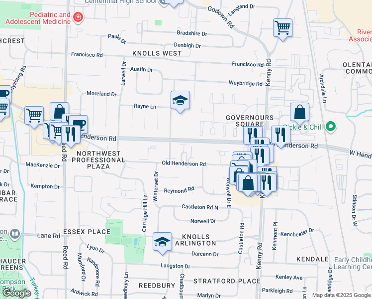 map of restaurants, bars, coffee shops, grocery stores, and more near 4646 Orwell Drive in Columbus