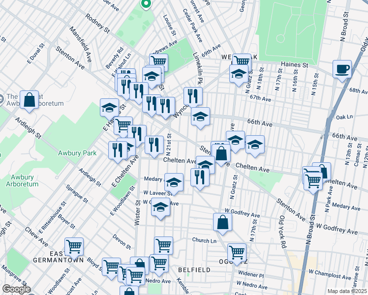map of restaurants, bars, coffee shops, grocery stores, and more near 6432 North Woodstock Street in Philadelphia