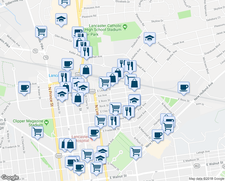 map of restaurants, bars, coffee shops, grocery stores, and more near 310 East Liberty Street in Lancaster