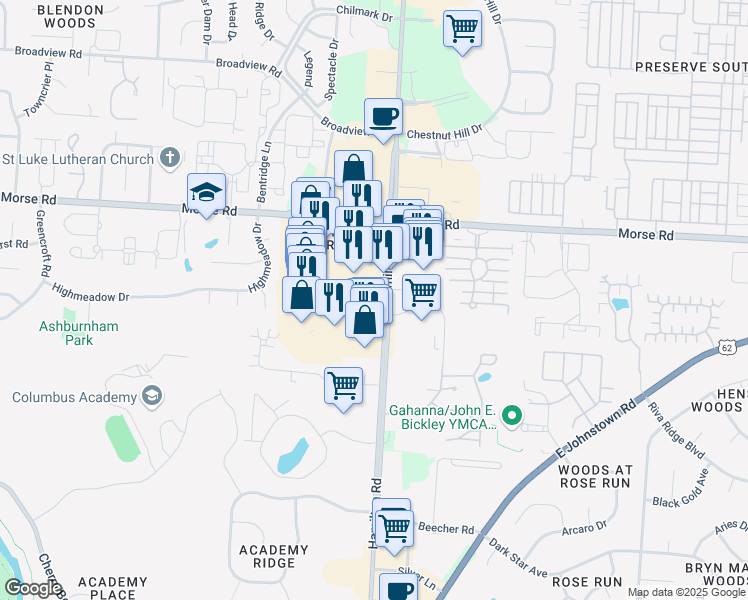 map of restaurants, bars, coffee shops, grocery stores, and more near 1301 North Hamilton Road in Columbus