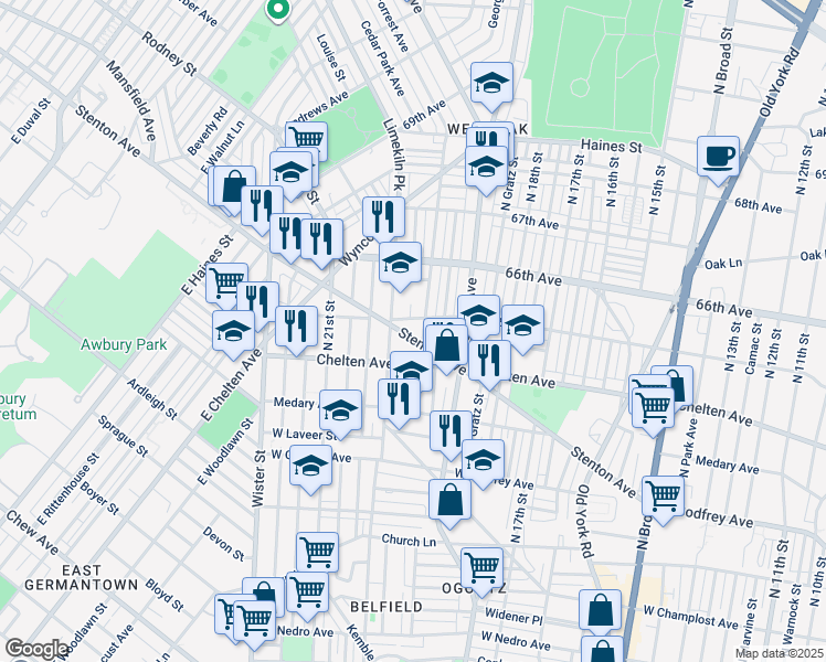 map of restaurants, bars, coffee shops, grocery stores, and more near 2011 Stenton Avenue in Philadelphia