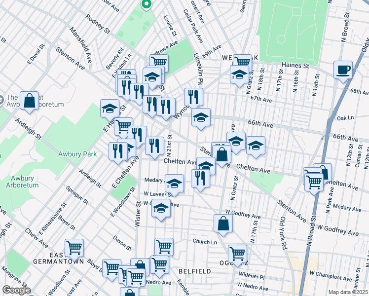 map of restaurants, bars, coffee shops, grocery stores, and more near 6432 North Woodstock Street in Philadelphia
