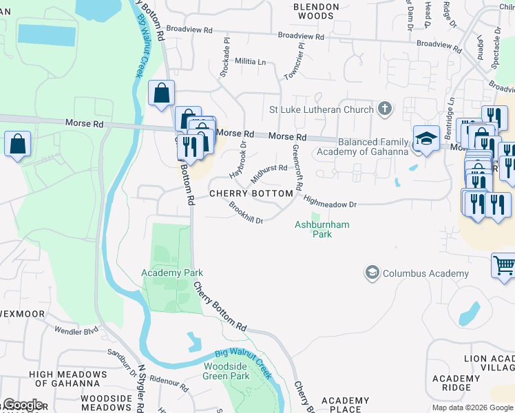 map of restaurants, bars, coffee shops, grocery stores, and more near 164 Greenbank Road in Columbus