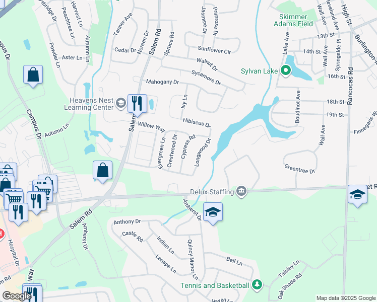 map of restaurants, bars, coffee shops, grocery stores, and more near 16 Cypress Road in Burlington