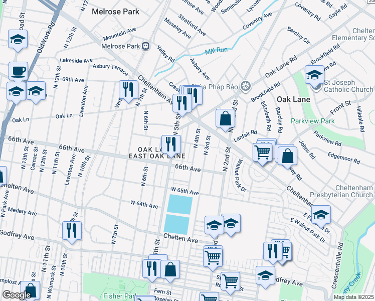 map of restaurants, bars, coffee shops, grocery stores, and more near 6641 North Lawrence Street in Philadelphia