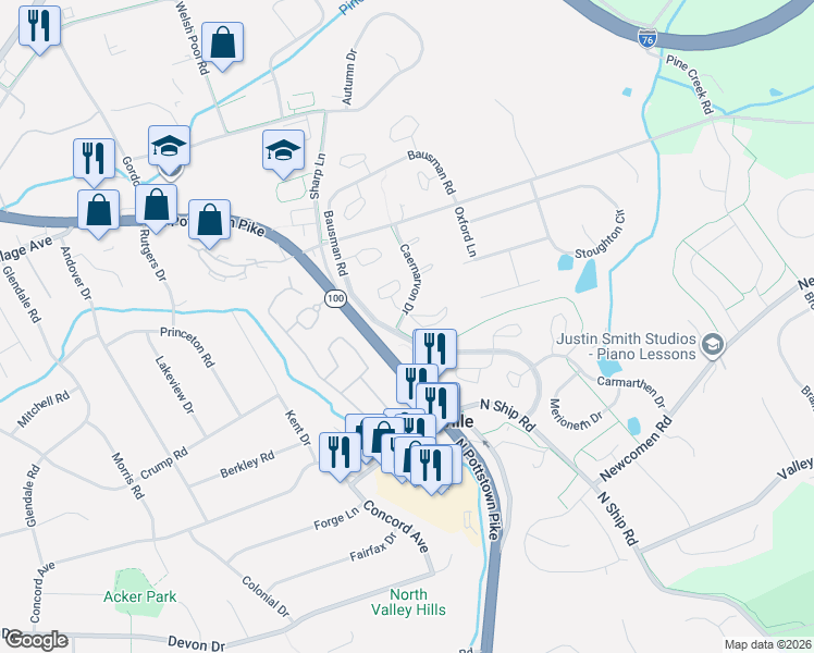 map of restaurants, bars, coffee shops, grocery stores, and more near 101 Lampeter Court in Exton