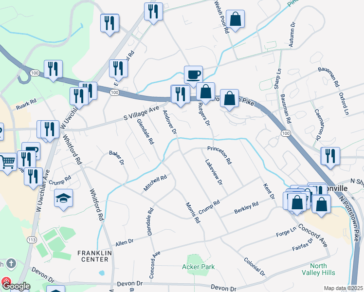 map of restaurants, bars, coffee shops, grocery stores, and more near 26 Andover Drive in Exton