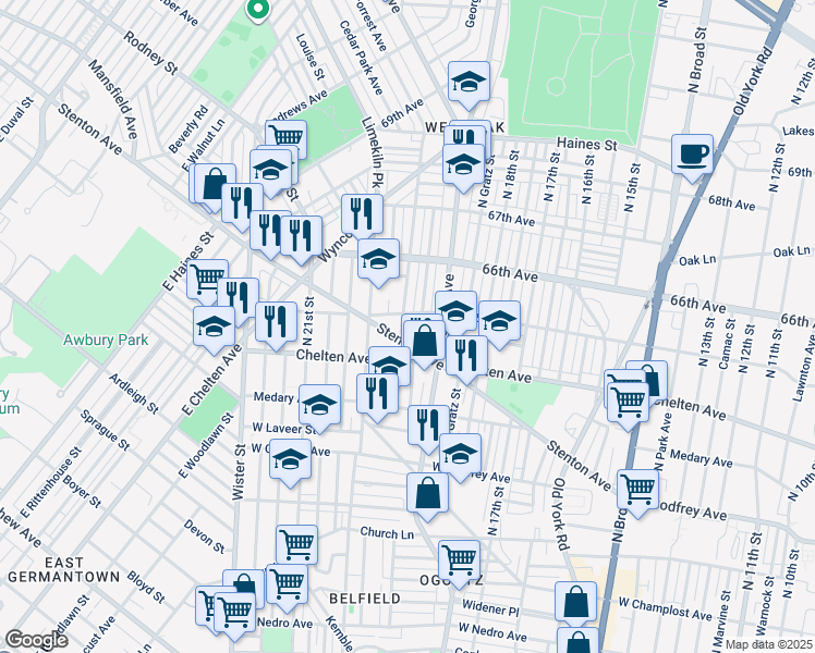 map of restaurants, bars, coffee shops, grocery stores, and more near 6431 North 20th Street in Philadelphia