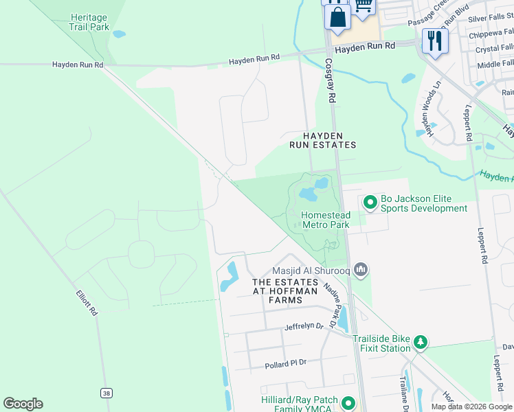 map of restaurants, bars, coffee shops, grocery stores, and more near Heritage Rail-Trail in Hilliard