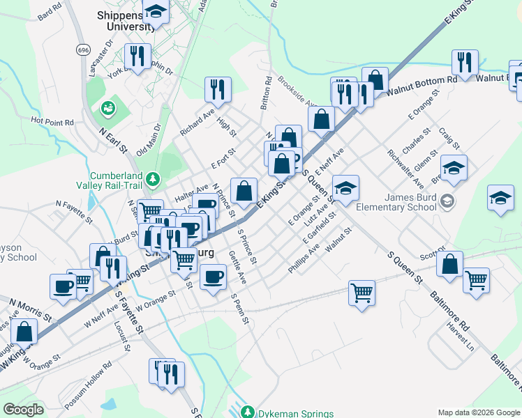 map of restaurants, bars, coffee shops, grocery stores, and more near 239 East King Street in Shippensburg