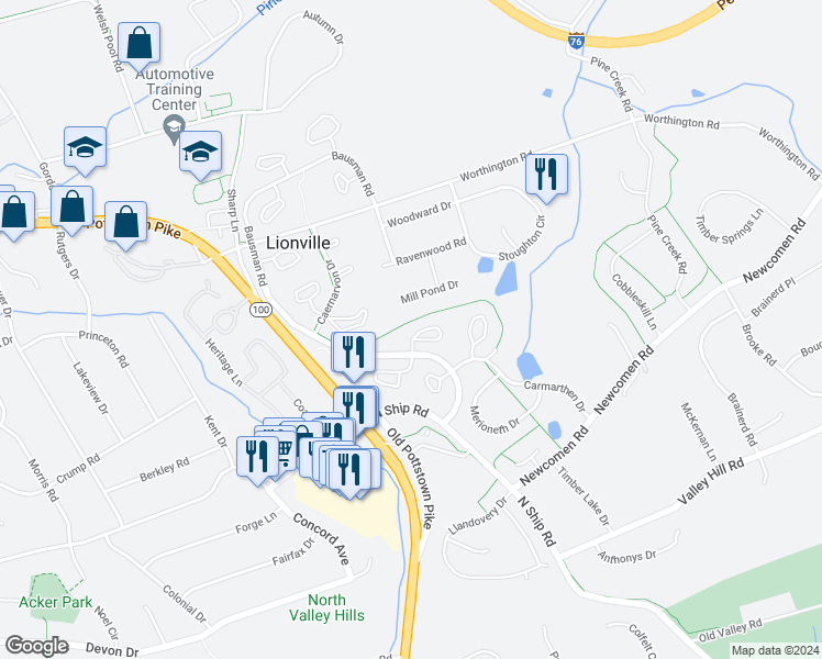 map of restaurants, bars, coffee shops, grocery stores, and more near 316 Kidwelly Court in Exton