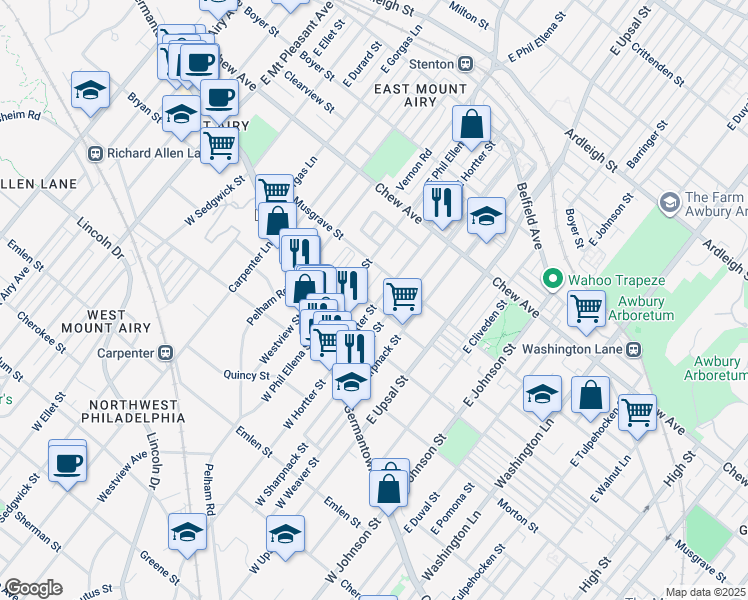 map of restaurants, bars, coffee shops, grocery stores, and more near 103 East Hortter Street in Philadelphia