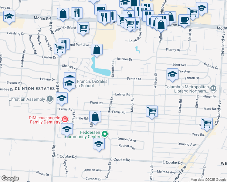 map of restaurants, bars, coffee shops, grocery stores, and more near 1834 Lehner Road in Columbus