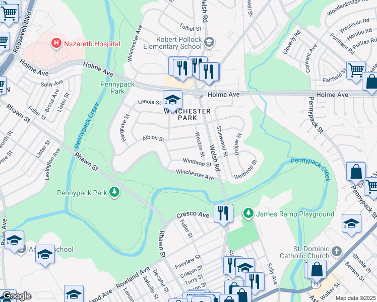 map of restaurants, bars, coffee shops, grocery stores, and more near 8114 Martindale Street in Philadelphia