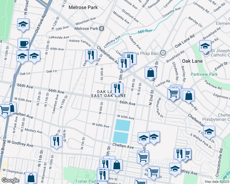 map of restaurants, bars, coffee shops, grocery stores, and more near 512 67th Avenue in Philadelphia