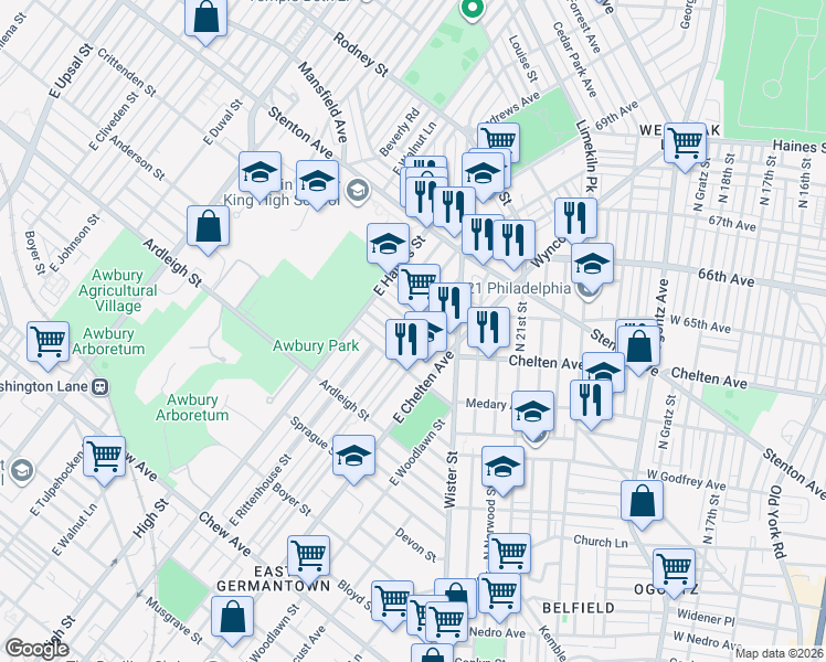 map of restaurants, bars, coffee shops, grocery stores, and more near 5738 Crittenden Street in Philadelphia