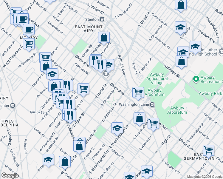 map of restaurants, bars, coffee shops, grocery stores, and more near 6451 Chew Avenue in Philadelphia