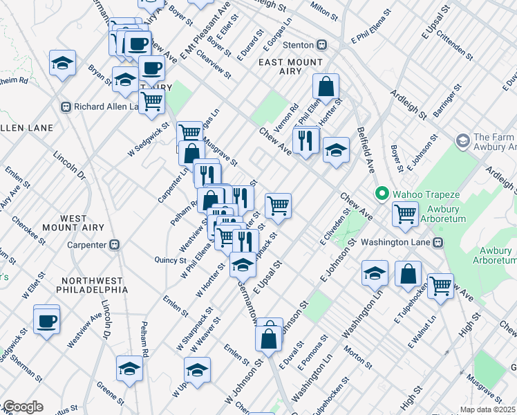 map of restaurants, bars, coffee shops, grocery stores, and more near 103 East Hortter Street in Philadelphia