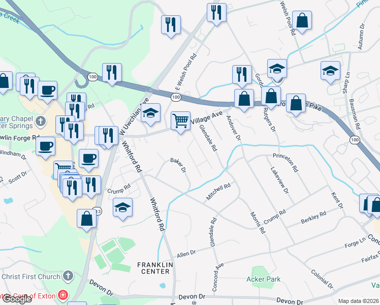map of restaurants, bars, coffee shops, grocery stores, and more near 109 Village Walk in Exton