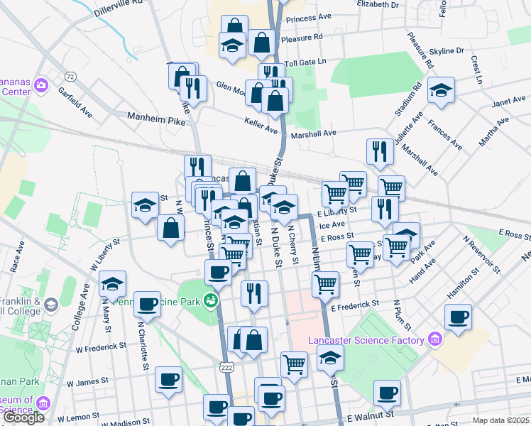 map of restaurants, bars, coffee shops, grocery stores, and more near 1022 U.S. 222 in Lancaster