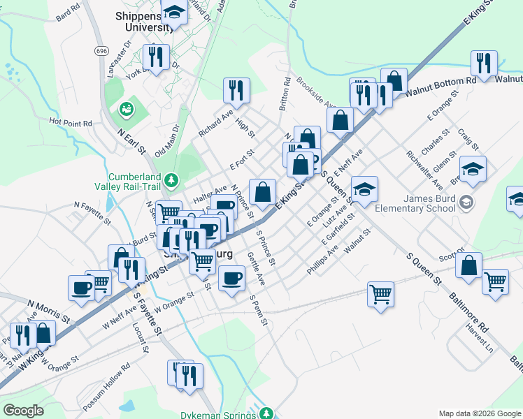 map of restaurants, bars, coffee shops, grocery stores, and more near 21 North Prince Street in Shippensburg
