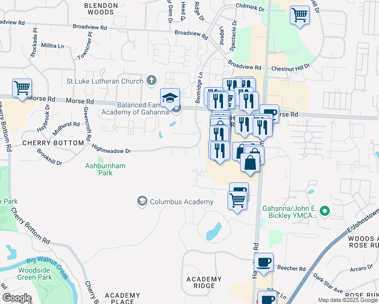 map of restaurants, bars, coffee shops, grocery stores, and more near 1299 Paddington Court in Gahanna