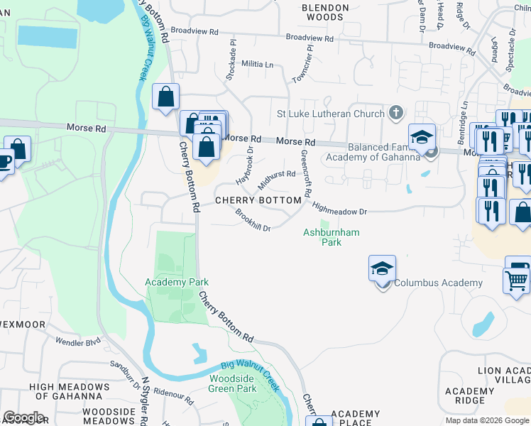 map of restaurants, bars, coffee shops, grocery stores, and more near 164 Greenbank Road in Columbus