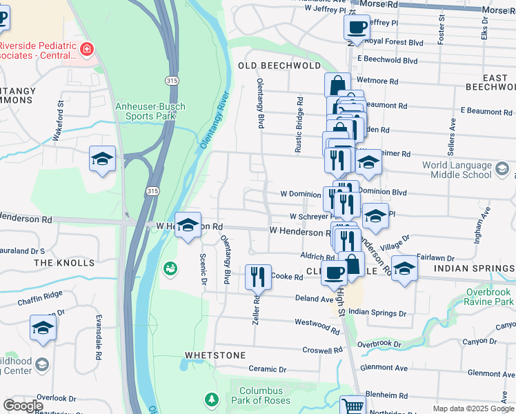 map of restaurants, bars, coffee shops, grocery stores, and more near 4477 Zeller Road in Columbus