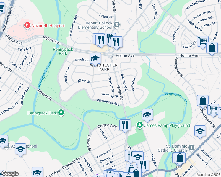 map of restaurants, bars, coffee shops, grocery stores, and more near 3164 Weston Street in Philadelphia
