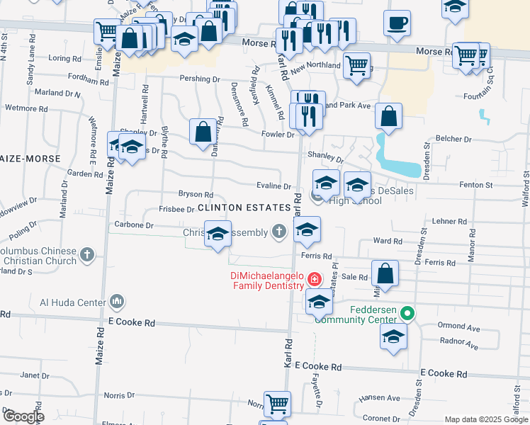 map of restaurants, bars, coffee shops, grocery stores, and more near 4133 Karl Road in Columbus