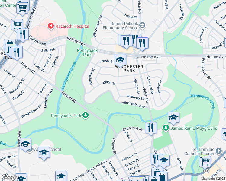map of restaurants, bars, coffee shops, grocery stores, and more near 3059 Winchester Avenue in Philadelphia