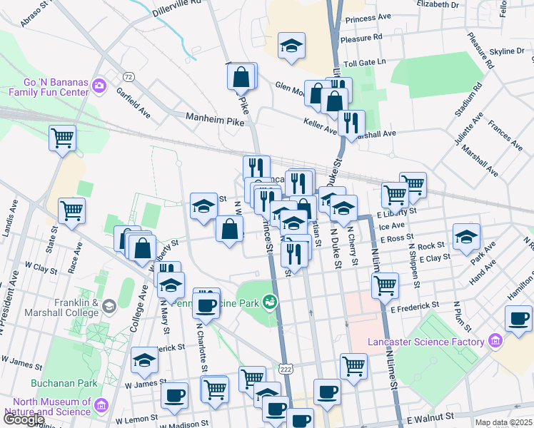 map of restaurants, bars, coffee shops, grocery stores, and more near 923 North Prince Street in Lancaster
