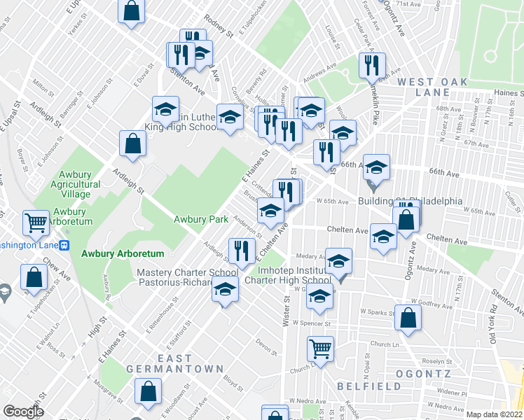 map of restaurants, bars, coffee shops, grocery stores, and more near 5738 Crittenden Street in Philadelphia