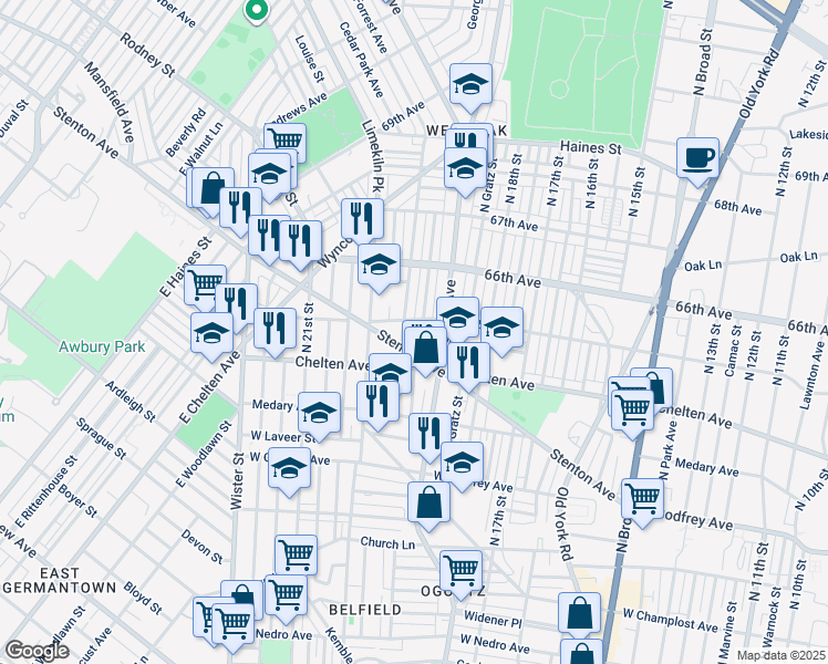 map of restaurants, bars, coffee shops, grocery stores, and more near 1933 Colonial Street in Philadelphia