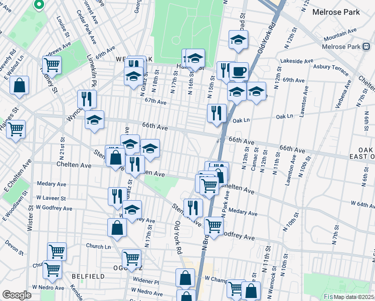 map of restaurants, bars, coffee shops, grocery stores, and more near 1517 West 65th Avenue in Philadelphia