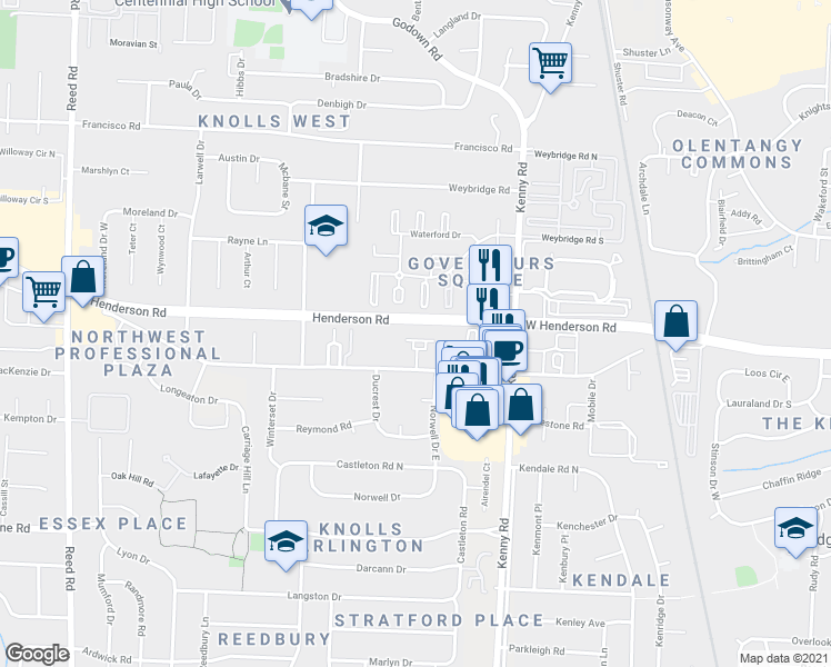 map of restaurants, bars, coffee shops, grocery stores, and more near 1268 Old Henderson Square in Columbus