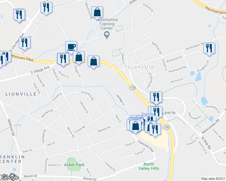 map of restaurants, bars, coffee shops, grocery stores, and more near 172 Heritage Lane in Exton