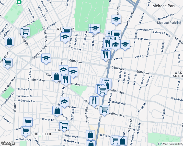 map of restaurants, bars, coffee shops, grocery stores, and more near 1517 West 65th Avenue in Philadelphia