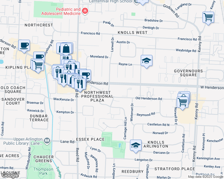 map of restaurants, bars, coffee shops, grocery stores, and more near 4685 Larwell Drive in Columbus